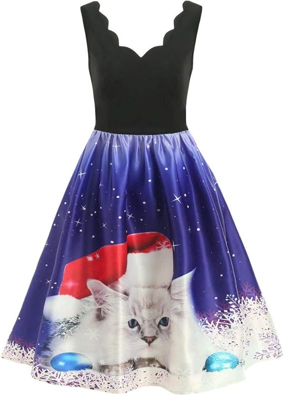 Amazon Co Jp レデイースドレス クリスマス ワンピースhodarey 秋冬 可愛い 袖無し 猫柄 大きいサイズ 礼服 ヴィンテージ パーティー チュニックワンピースchristmas 結婚式 ドレス 披露宴 二次会 発表会 忘年会 お呼ばれ 花火大会 コスチューム 腕時計