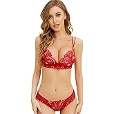 Guoeappa Women's Sexy Soft Lace Lingerie Set See Through Underwear Lace Underwire Embroidery Bra and Panty Set(Bright Red,32D)