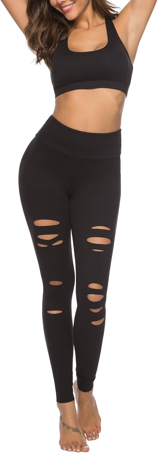 DIBAOLONG Womens High Waist Yoga Pants Cutout Ripped Tummy Control Workout Running Yoga Skinny Leggings: Clothing