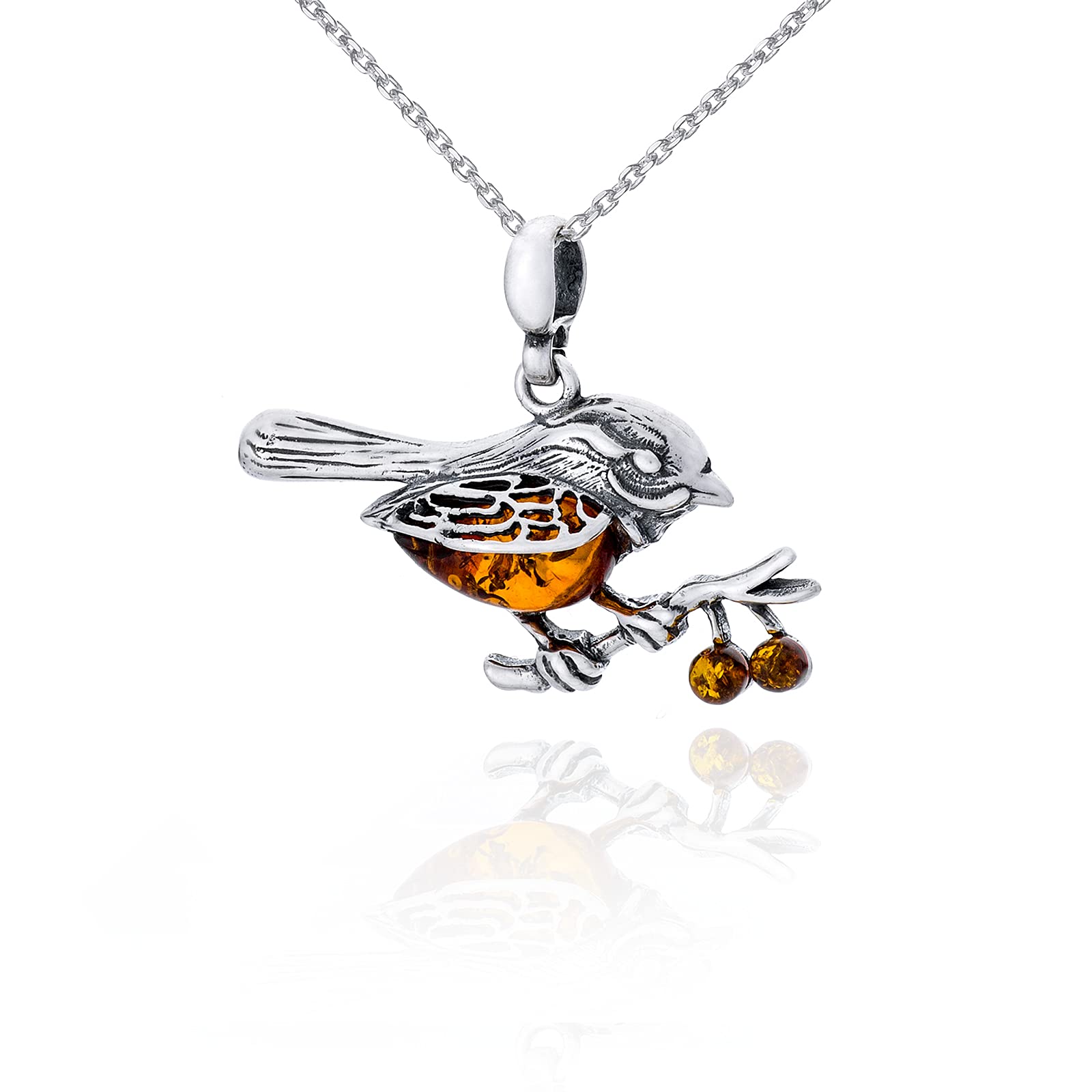 AMBEDORA Women's Necklace Amber Sparrow, Oxidised Sterling Silver, Baltic Amber in Cognac Colour, Silver Pendant with Chain
