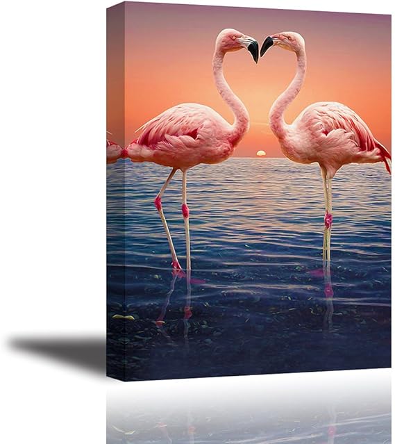Pink Flamingo Wall Art for Bedroom, Romantic Lover Kiss on Sunset Ocean