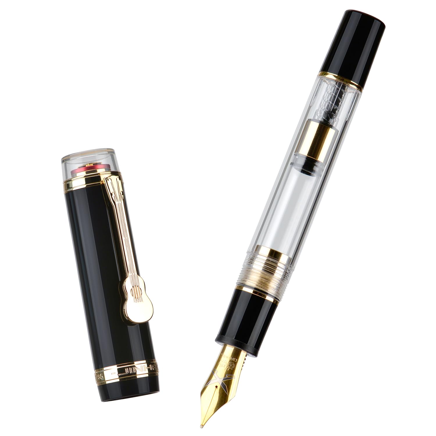 Jinhao 1935 Tiandao Fountain Pen, Size 8 Fine Nib, Golden Guitar Clip, Black and Transparent Acrylic with Converter