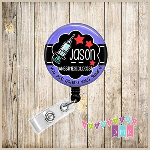 Anesthesiologist - Blue with Stars Syringe - PERSONALIZED - Button Badge Reel - BR0459