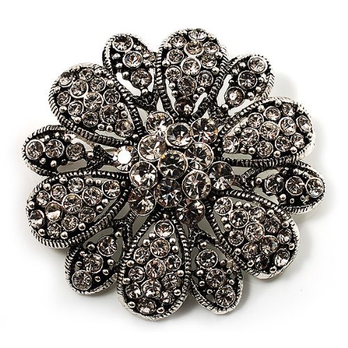 Vintage Swarovski Crystal Floral Brooch (Antique Silver)