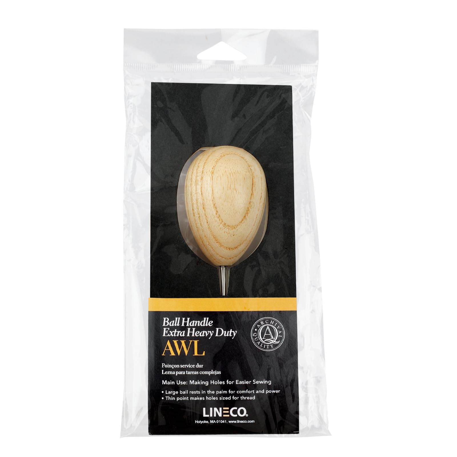 Lineco Wooden Ball Handle Awl. Extra-Heavy Duty, Comfortability and Good Control, Thin Point for Sewing