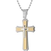 Metro Jewelry Large Two Tone Triple Layer Cross Pendant Necklace for Men in Stainless Steel with Gold Ion Plating on 24 Inches Long Ball Chain