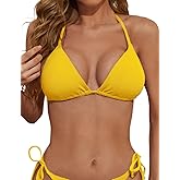 Zuvebamyo Women's Triangle Bikini Top Ribbed Push up Padded Halter String Bathing Suits Top