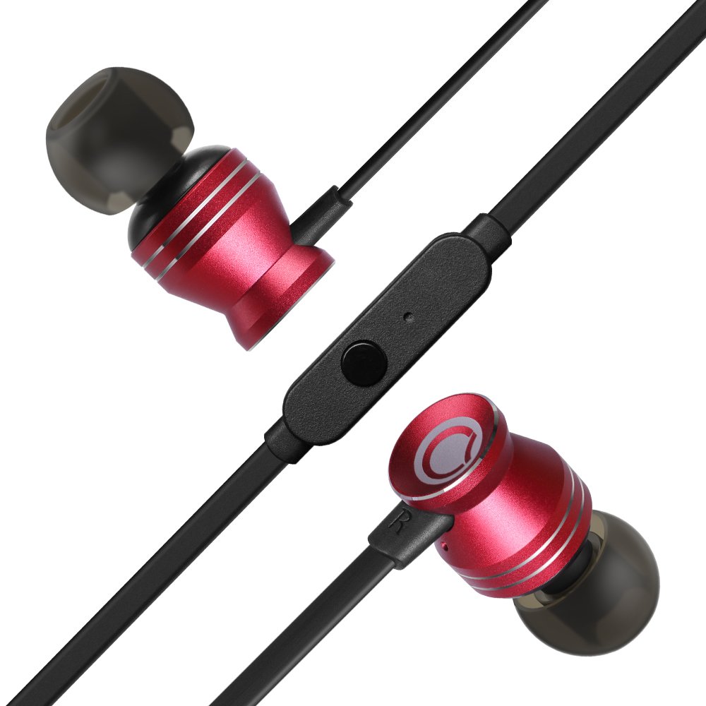 Earbuds, GGMM Heavy Deep Bass Ear Buds Wired Headphones with Microphone, Titanium Plated Driver Units Tangle Free Earphones with Carry Pouch, for Smart Devices Laptop MP3 Accessories, C300 Red