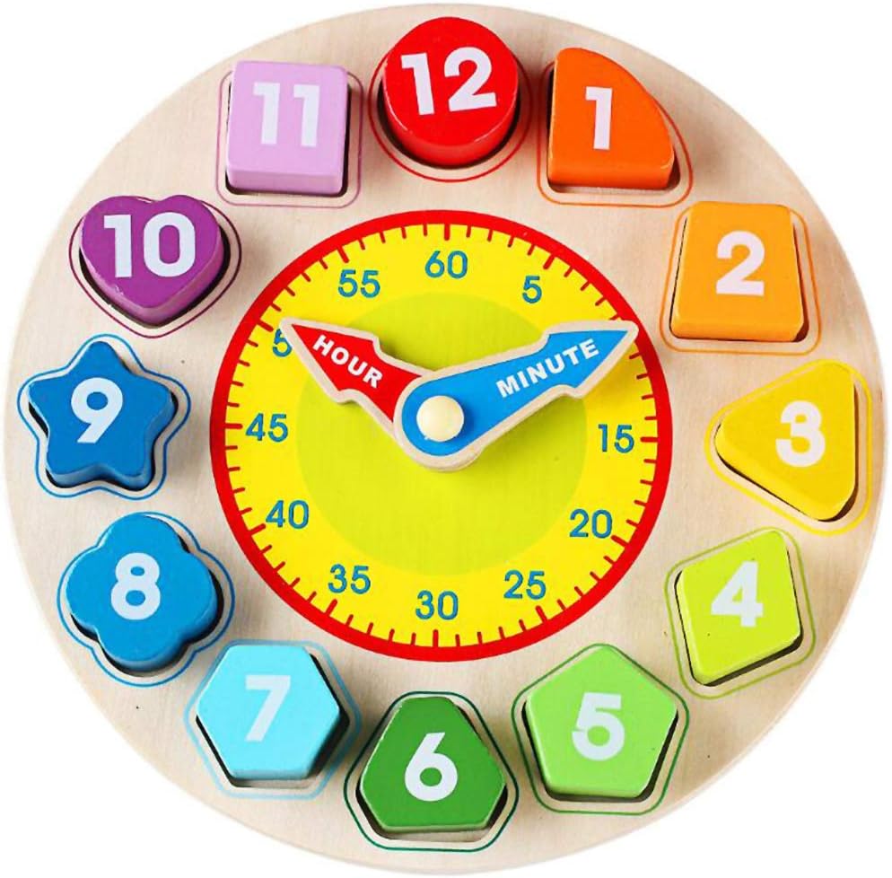 N2 Time Clock Toy for Kids Wooden Time Learning Shape Sorting Color Game Montessori Early Education Math Set Kid Jigsaw Play Tool Preschool Toddler Puzzle Toy Gift for Boys Girls Birthday Age 3 4 5 6: Toys & Games
