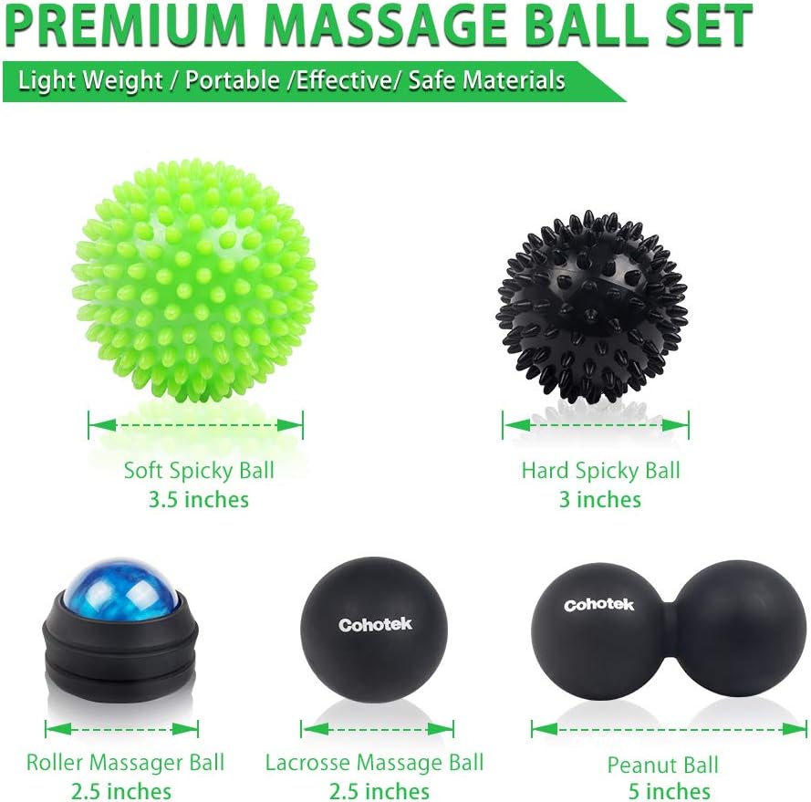 Cohotek 6PCS Massage Ball Roller Set, 2 Size Spiky Ball, 1 Lacrosse Ball, 1 Peanut Ball, 1 Roller Stick, 1 Manual Massage Ball, Mobility Balls for Trigger Point Relief and Plantar Fasciitis Therapy: Sports & Outdoors