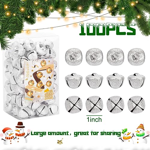 Shindel 100PCS Christmas Jingle Bells, Craft Bells Bulk 1 Inch Unique Silver Bells for Christmas Tree Home Decoration