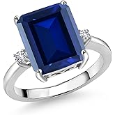 Gem Stone King 6.78 Cttw Blue Simulated Sapphire and White Created Sapphire 3-Stone Engagement Ring For Women | 925 Sterling Silver | 12X10MM Emerald Cut | Wedding Engagement Anniversary Ring