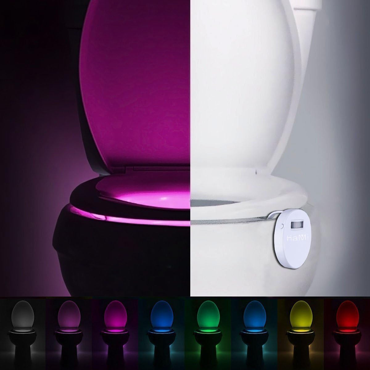 Elikeable LT Toilet Light, LED Auto Motion Activated Toilet Night Lights Sensor Seat Lighting Lamp Bathroom Washroom Battery-Operated 8 Colors Changing [Energy Class A] (1 pack)