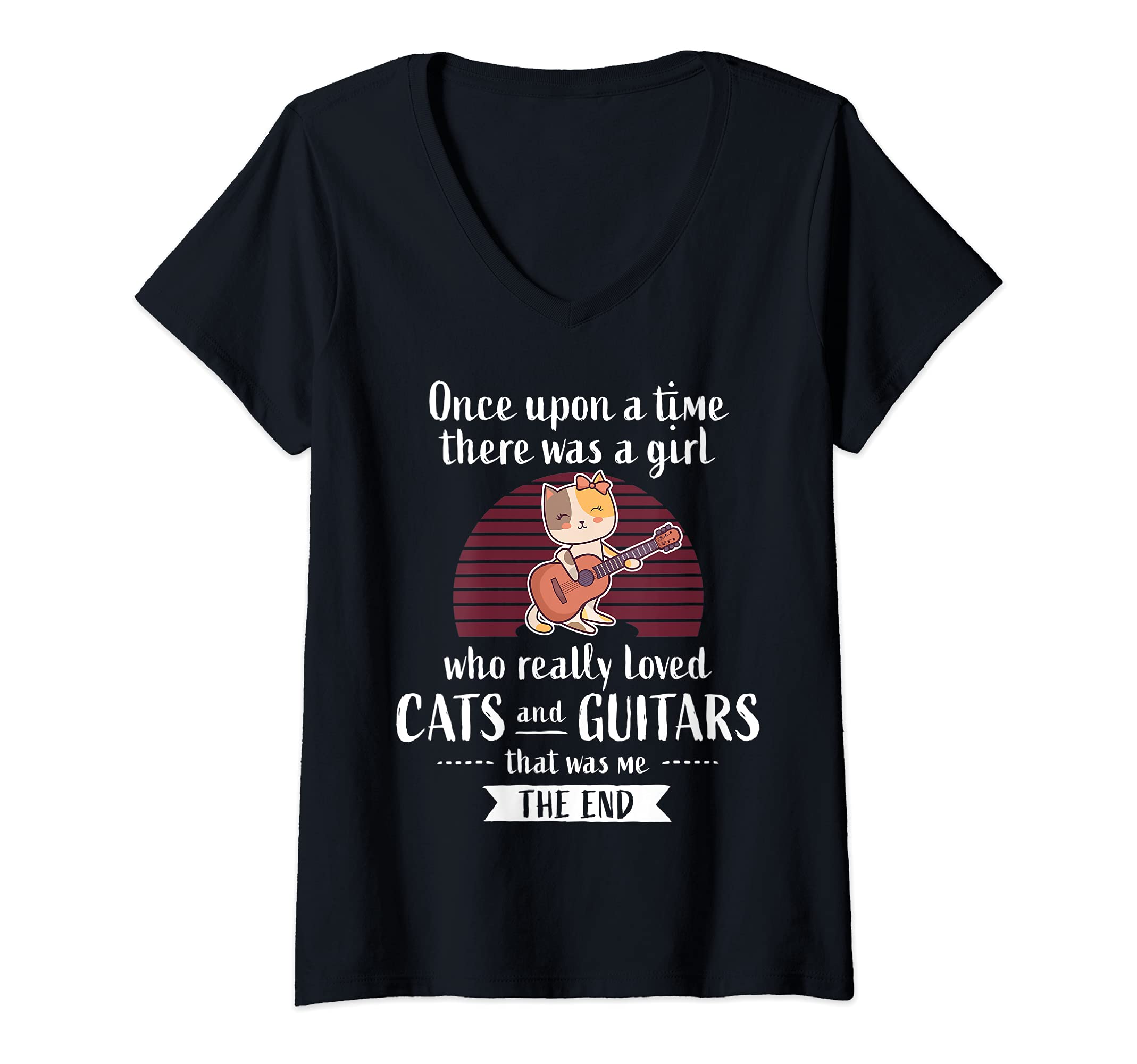 Womens Cute Cat Guitar Player Saying Guitarist I Fairytale V-Neck T-Shirt
