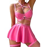 Gulinala Women Sexy Leather Lingerie Set Choker Chain Mini Lingerie Dress Strappy Bra Skirt Outfits