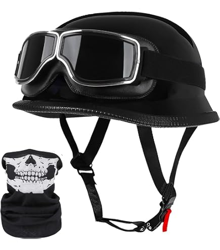 Motorcycle German Leather Half Face Helmet,100% DOT /ECE Approved Cap Half Shell Helmet+Goggles Retro Open-Face Helmet with Adjustable Quick Release Buckle for Cruiser : Automotive