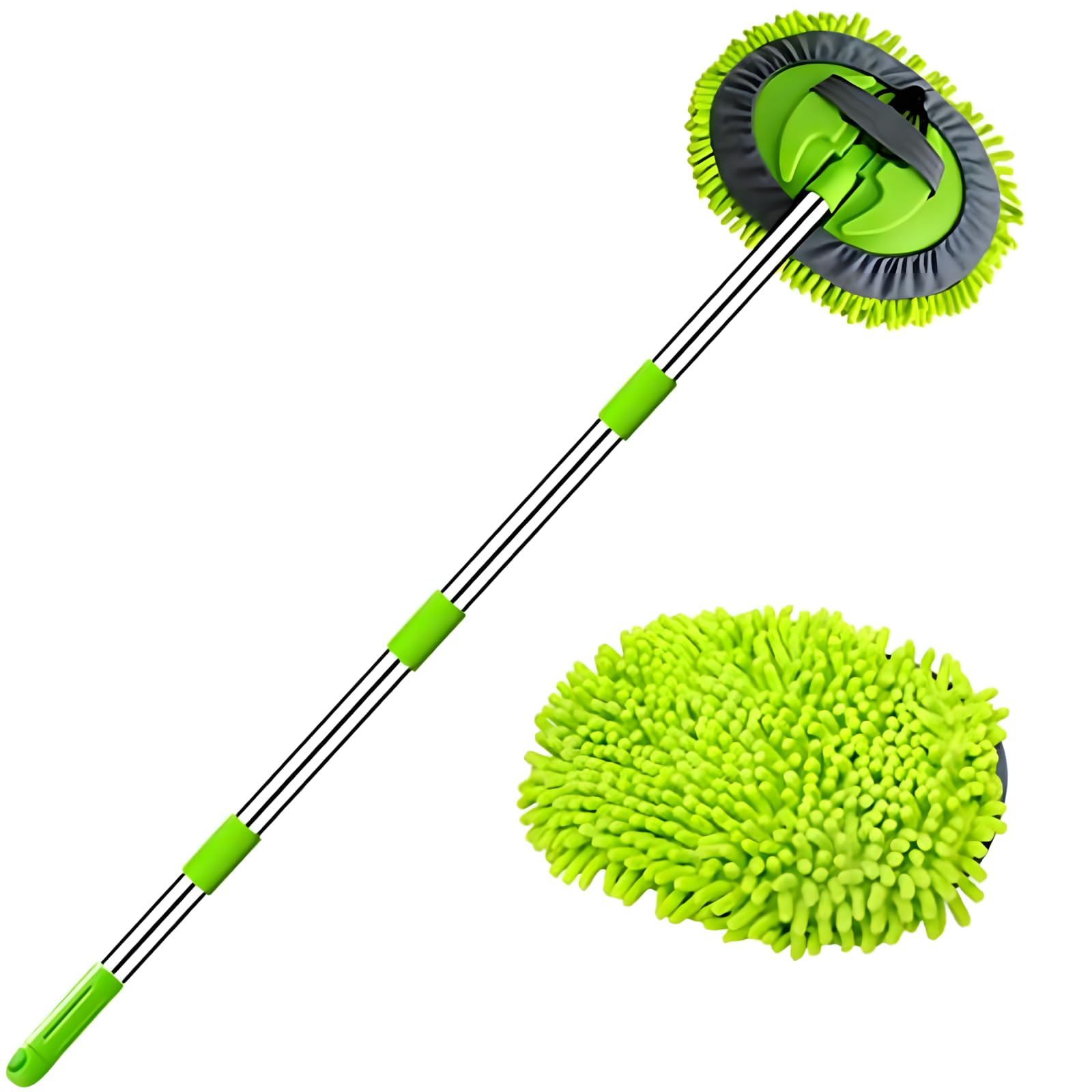 WillingHeart 63" 160 cm Car Wash Mop Brush Tool Mitt with Long Handle Length More Suitable for Washing Cars Truck, SUV, RV, Trailer, 2 in 1 Chenille Microfiber Duster Not Hurt Paint Scratch Free