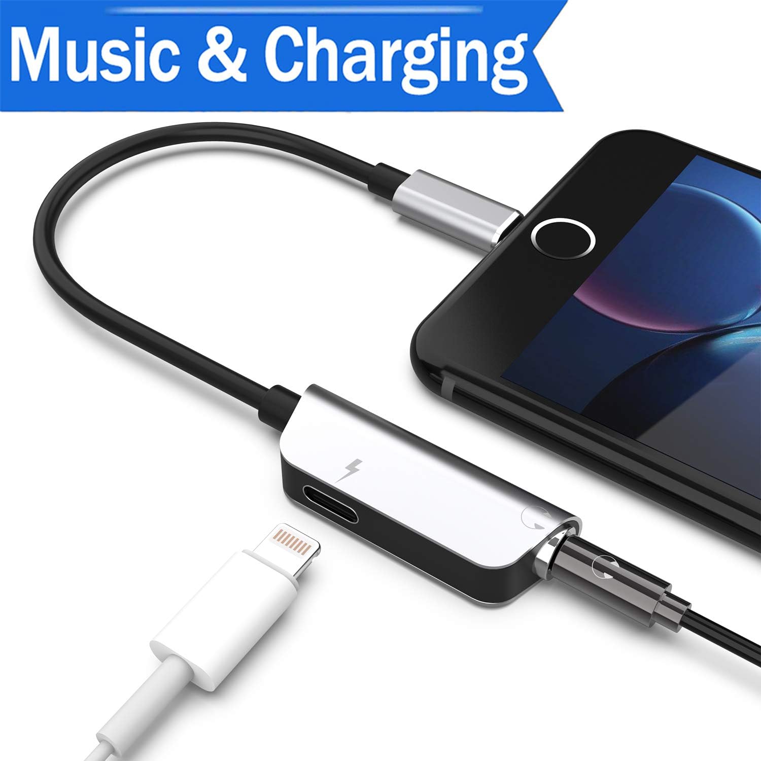 Headphone Adapter for iPhone 8/8Plus 7/7Plus X 10 XS Female Earbud Adapter Cable Aux Audio Headphone Jack 3.5 mm Splitter Adaptor Earphone with Music+Charge Phone Accessory iOS 11/12 System Later