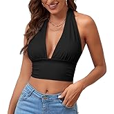 Rooscier Women's Deep V Neck Halter Tie Back Sleeveless Backless Cami Crop Top