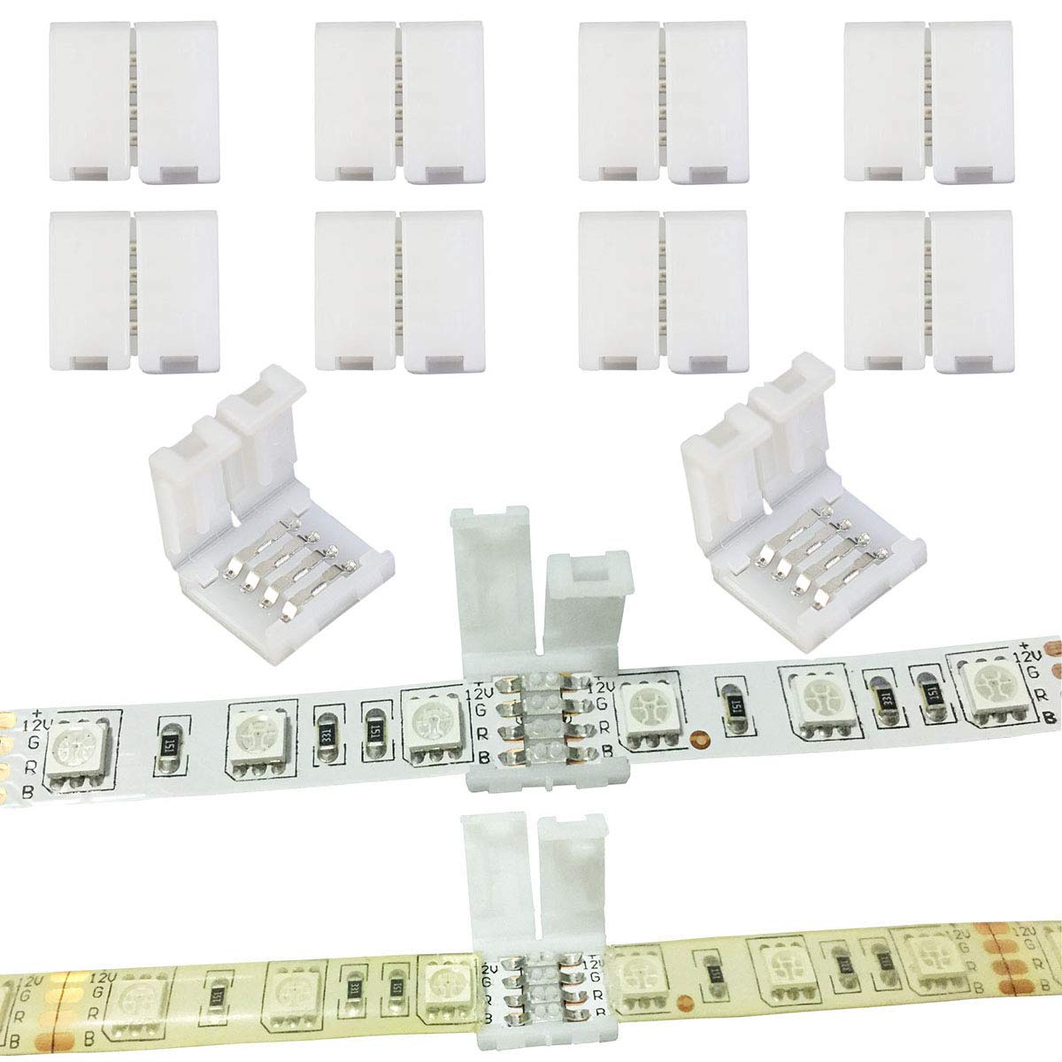TronicsPros 10pcs 4-Pin Solderless RGB LED Strip Connectors - Gapless Adapters for 10mm 5050 LED Tape Lights