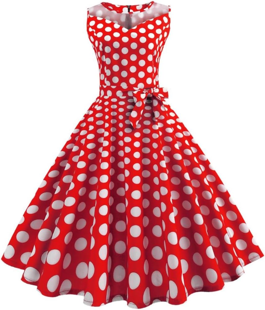 Wawer Vintage Summer Dresses for Women,40's/50's Vintage Swing Dress, Casual Retro Dot Printing Sleeveless Bodycon O-neck Prom Dress for Evening Party (XXL, Watermelon red)