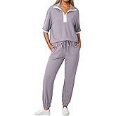 Dokotoo 2 Piece Sets for Women Summer Lapel V Neck Short Sleeve Tops Long Pants Tracksuit Lounge Jogger Set with Pockets