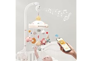 Evoceler 3-in-1 Baby Crib Mobile, with an Extra Detachable Mobile Set & 2 Chew Toys, Music Mobile for Crib with 35 Lullabies, Bluetooth, 128MB TF Card, Mirror, Wood Ring, Dinosaur Crib Mobile