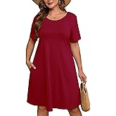AusLook Plus Size Women Summer Dress Burgundy 1X Short Sleeves Crew Neck Casual Cute Loose Fitting Tank Sundress Comfy Swing Midi Flowy A-line Trendy Beach Vacation Teacher Dresses with Pockets