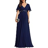 Ever-Pretty Women's Chiffon V-Neck Mother of Bride Dresses A-Line Ruched Short Sleeves Appliques Bridesmaid Dress Formal Gown