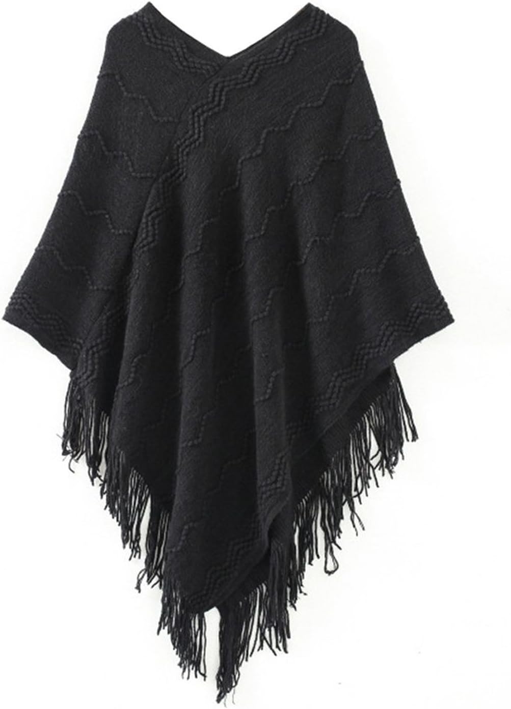 Shawhuaa Womens Knitted Poncho Cape with Tassel Batwing Pullover Sweater