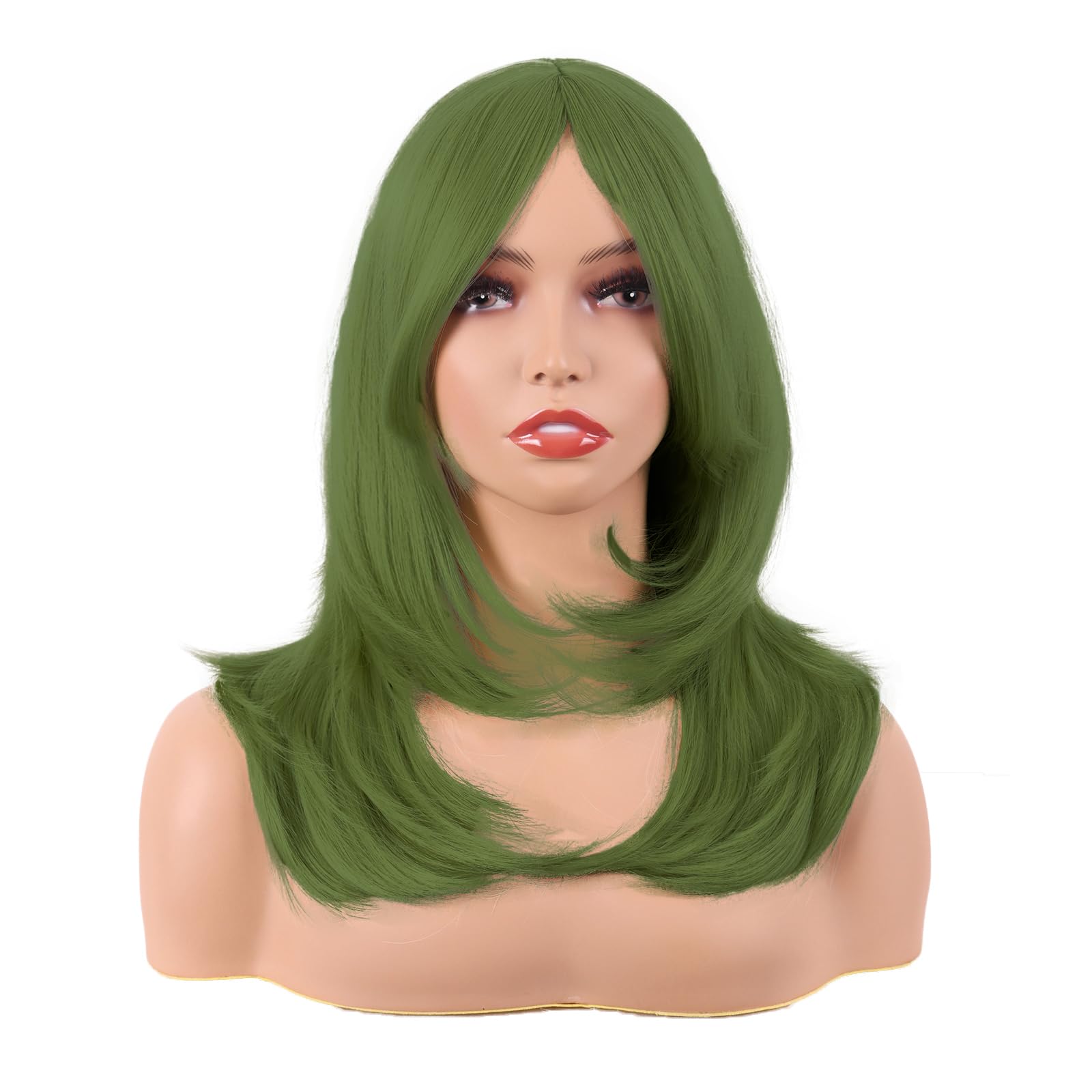 MapofBeauty 20 Inch/50 cm Long Layered With Bangs Straight Synthetic fiber Shoulder Length Hair for Daily Use or Party Wig (Olive Green) — image 1