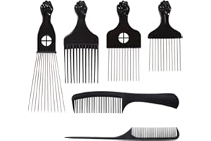 COOKOO 6 Pack Mixed Metal Afro Hair Pick Hair Comb for Women and Men for Thick Natural Curly Hair Detangle Wig Anti Static Styling Comb Pick