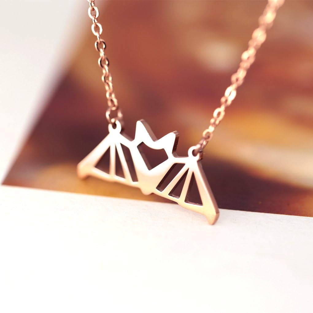 HANFLY Bat Pendant Necklace Love Heart Bat Jewelry for Women Origami jewelry 16.5"+1.5" Extender, Rose Gold - Image 3