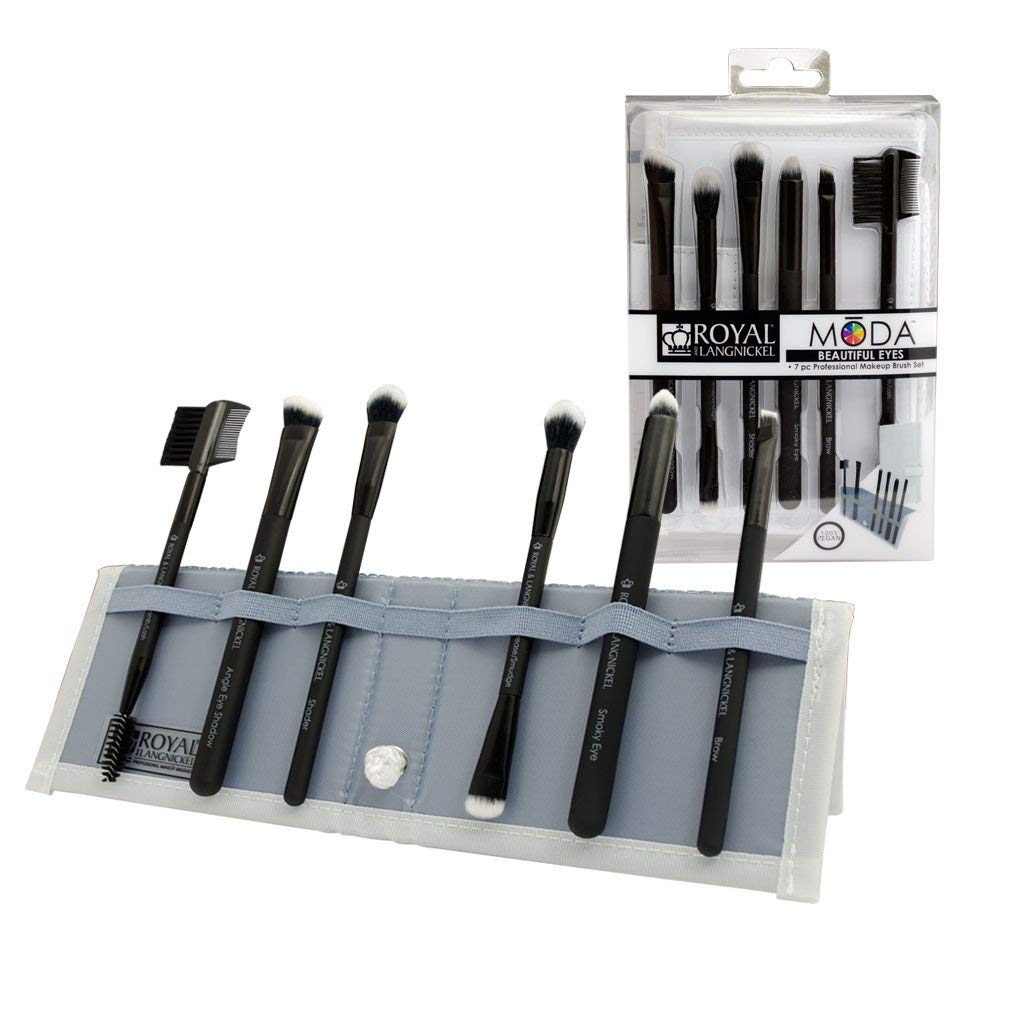 Royal & Langnickel MODA Travel Size Beautiful Eyes 7pc Makeup Brush Set with Pouch, Includes - Angle Shader, Crease Smudger, Eye Shader, Smoky Eye, Brow Liner and Lash Comb Brushes, Black