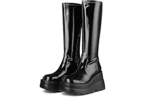 CELNEPHO Womens High Platform Mid Calf Wedges Chunky High Heel Round-Toe Side Zip Punk Combat Boots For Women