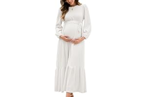 AISWI Women's Maternity Maxi Dress with Belt Long Sleeve Crew Neck Pregnancy Dresses with Pockets Baby Shower Photoshoot