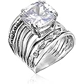 JEAN RACHEL JEWELRY 925 Sterling Silver Ring with 12mm Cushion Shaped Cubic Zirconia Vintage Design - Hypoallergenic, Lead & Nickel Free - Artisan Handcrafted Statement Rings for Women