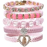 YEOSMINE Pink Virgin Mary String Bracelet Set Handmade Mexican Tennis Crystal Boho Bracelets Stack For Women Lucky Friendship Catholic Religious Rosary