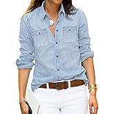 LookbookStore Women's Long Sleeve Collared Shirt Button Down Denim Blouse Tops