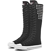 Momuk Women's Knee High Lace Up Sneakers Side Zip Canvas Shoes Fashion Dancing Mid Calf Boots