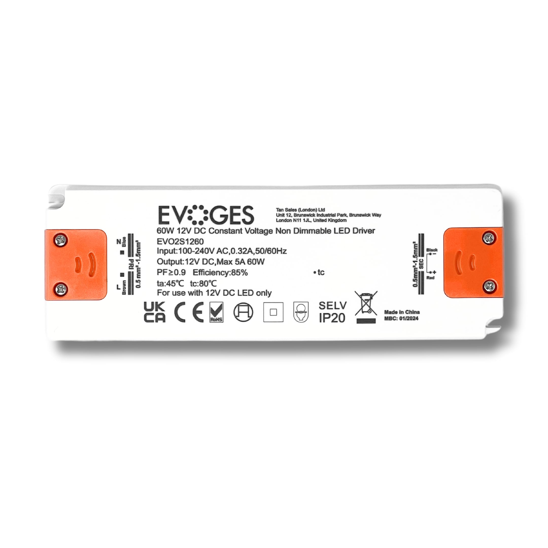 Evoges Slim Series 12V DC Constant Voltage LED Driver Non Dimmable (60, Watts)