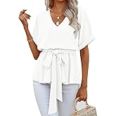 FSHAOES Womens V Neck Blouse Short Sleeve Belted Casual T-Shirts Basic Tee Tops