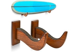 TESLYAR Surfboard Wall Mount – Wooden Surfboard Rack for Wall Storage – Solid Wood Hooks for Surfboard, Snowboard, Paddle Board & Wakeboard – Wave Style