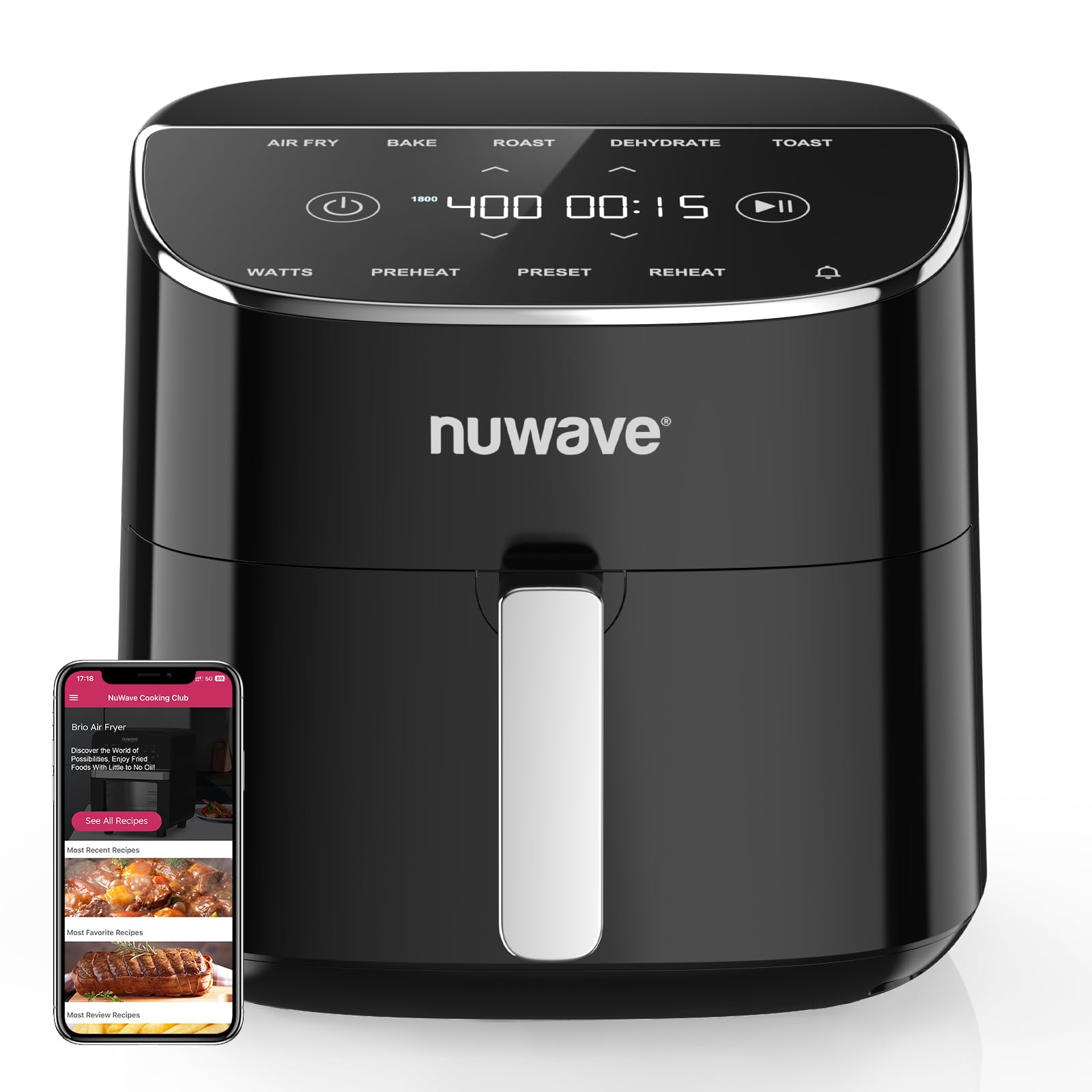 Freidora de aire Nuwave Brio Plus de 8 cuartos, nueva y mejorada, SIN PFAS, 7 funciones digitales de cocción con un solo toque que FREÍR AL AIRE, HORNEAR, ASAR, DESHIDRATAR, TOSTAR, RECALENTAR, PRECALENTAR, 150 ajustes preestablecidos, 50 °F ~ 400 °F, 700/1500/1800 W