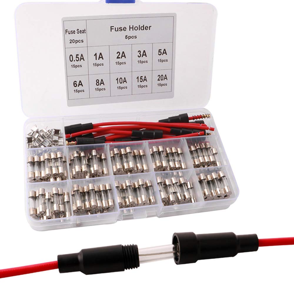 QitinDasen 150Pcs Professional 5 X 20mm Car Glass Tube Fuses Set with 20Pcs Fuse Seat and 5Pcs Inline Screw Type Holder