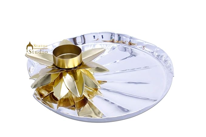 StatueStudio Metal Pooja Thali Set with Designer Diya for Home Temple Diwali Puja Gift Set Silver (9 × 9 × 2.5 Inches )