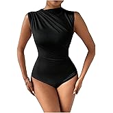 Milumia Women's Ruched Tank Top Sleeveless Mock Neck Bodysuit Fitted Jumpsuit Tops