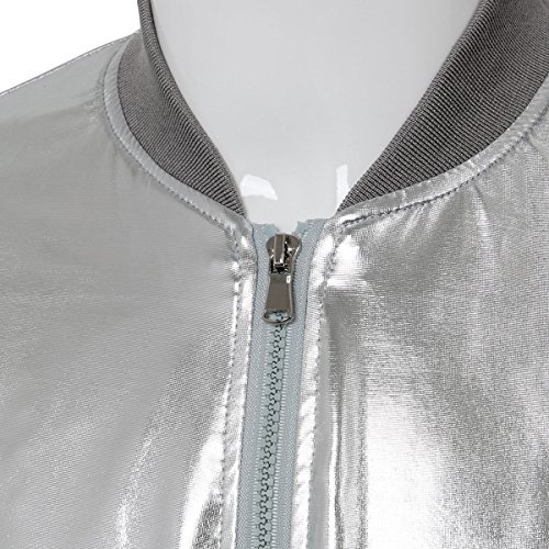 Mens Metallic Nightclub Baseball Varsity Bomber Jacket Shiny Slim Zip Up Stage Performance Costume Suit Outfit (2X-Large, Silver)