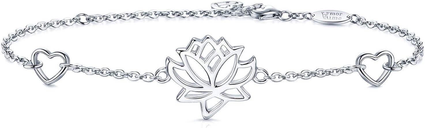 925 Sterling Silver Yoga Bracelet Heart Charm Symbolize Rebirth Adjustable Lotus Flower Karma Namaste Jewelry for Women Gift by AmorAime
