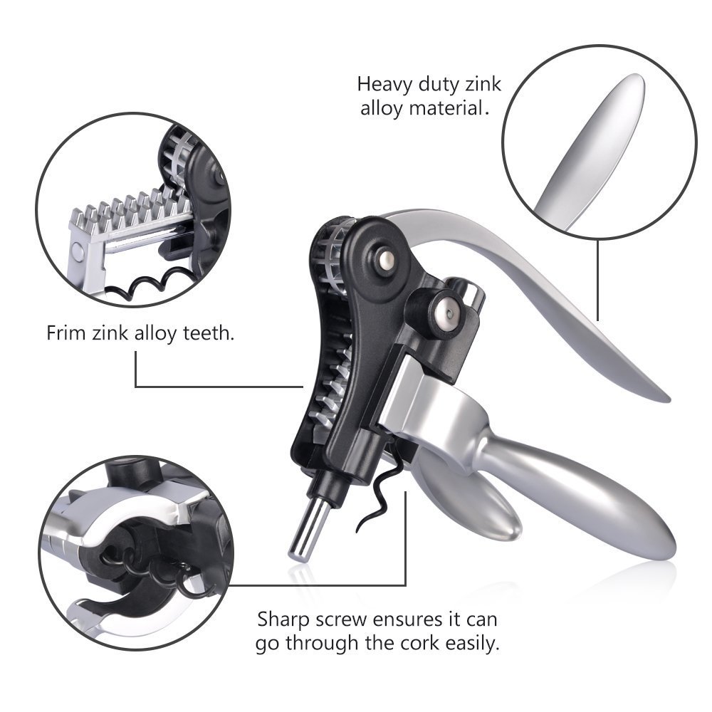 Rabbit Wine Bottle Opener Set with Bamboo Stand, 5 Piece Lever Corkscrew Remover, 2 Wine Stoppers, Foil Cutter, Extra Teflon Spiral, Best Gift for Wine Lover by Vina